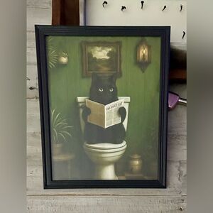 Framed Cat Art Print - Black Cat Reading Newspaper